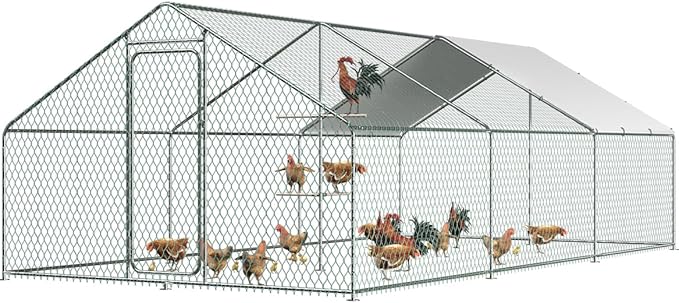 Chicken Coop Large Metal Chicken Run with Chicken Perch, Outdoor Dog Kennel with Roof Waterproof Anti-UV Cover Secure Lock for Outside Backyard Farm (19.7' L x 9.8' W x 6.72' H)
