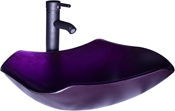 Modern Bathroom Flower Tempered Glass Vessel Sink ORB Pop up Drain & Faucet Combo Purple
