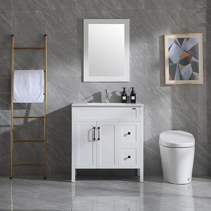 wonline 32 Bathroom Vanity and Sink Combo Cabinet Undermount Ceramic Vessel Sink Chorme Faucet Drain with Mirror Vanities Set